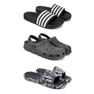 DRACKFOOT Lightweight Classic Slider || Sandals with Clogs for Men-Combo(3)-3024-3056-3103-10 Black