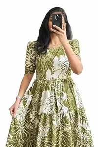 Rayon Printed Kurta for Women, Short Sleeve Flared Dress, Casual Wear