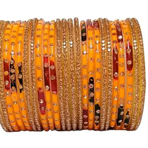 Traditional Glass Bangles Set, | Women Multicolour Glass Bangle Set – Orange & Rainbow Pattern for all Festivals & Daily Use | Chudi set 24 Pieces | (ORANGE MULTI, 2.8)