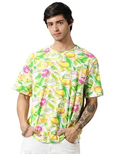 RodZen Men's Cotton Round Neck All Over Printed Oversized Loose Fit T-Shirt (RZM01FRUITWHITE-2XL_White_2XL)
