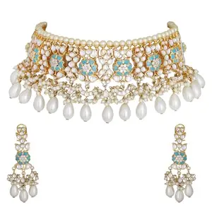 Auraa Trends 22KT Gold Plated Kundan Elegant Blue Necklace Set For women and Girls_AT-485