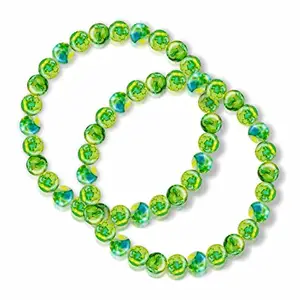 Uniqon (Pack Of 2 Pcs) Stretchable Green Color 8mm Moti Pearl Bead Natural Feng-Shui Healing Howlite Crystal Gem Marble Stone Wrist Band Elastic Bracelet For Boy's And Girl's