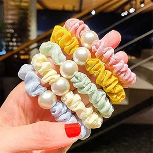 ASG Pearl Hair Ties Hair Scrunchies Hair Ring with Beads Hair Bands Ropes Hair Elastic Bracelet Ponytail Holder Korean Hair Accessories Gift for Women and Girls 5 Pack