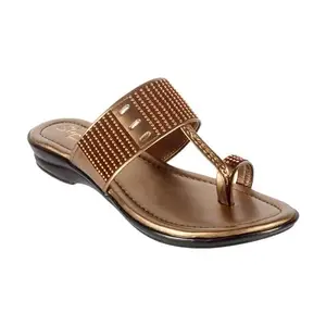 Stepee Copper Casual & Trendy Toe Ring Kolhapuri Style Slipper Flat Sandal for Women Size-38