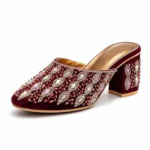 EZZIAUTO Women's Embroidered Mule Heels, Handmade Beaded Slip-On Sandals with Block Heel, Cushioned Insole, Non-Slip Sole for Wedding, Party