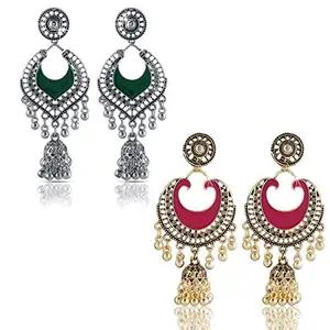 Yellow Chimes German Silver Oxidized Combo Of 2 Pair Ethnic Celebrity Choice Meenakari Touch Designer Chandbali Traditional Jhumka/Jhumki Earrings for Women