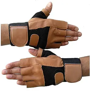 ZaySoo Leather Padded Palm Support Sport Gym Gloves with Long Wrist Support - Brown