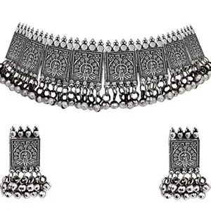 Paninaro Stylish Boho Silver Plated Oxidised Choker Necklace Set Jewellery For Women & Girls