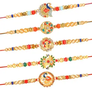 De Marquis 5 Designer Rakhi Sets | RG-06962 Pearl, Kundan, Mauli Thread Raksha sutra for Brother | Roli-Chawal | Best Wishes Greeting Card (Pack of 5 Rakhi)