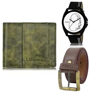 LOREM Mens Combo of Watch with Artificial Leather Wallet & Belt FZ-LR55-WL18-BL02