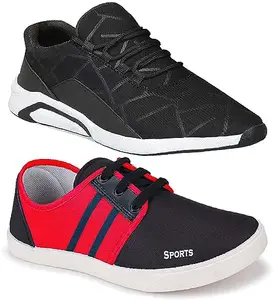 WORLD WEAR FOOTWEAR Soft, Comfortable and Breathable Canvas Lace-Ups Sports Running Shoes for Men (Black, 7) (S2819)