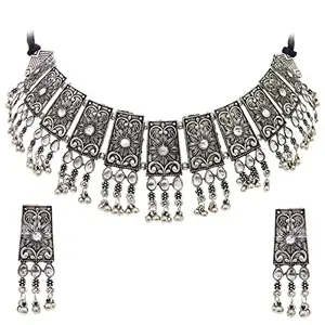 Fresh Vibes Afghani Black Polish Oxidised Choker Set for Women | Stylish Antique Silver Metallic Necklace with Earrings Jewellery Sets