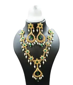 Rajasthan Enterprises Traditional Indian Pearl Beaded Necklace Set with Toned Pendant and Earrings Style_203