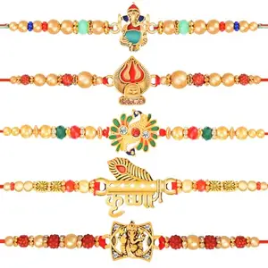 De Marquis Designer Rakhi (Pack of 5) | Roli-Chawal Pack With Greeting Card | Happy Rakshabandhan | Send Rakhi for Brother/Bhai/Bhaiya/Bhabhi/Kids | Rakhi Gift