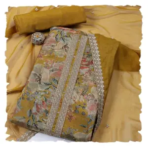 Meena Bazaar Women Mustard Art Silk Unstitched Suit Set With Dupatta Set