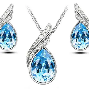 Via Mazzini Turquoise Blue Austrian Crystal Silver Teardrop Necklace and Earrings Set for Women and Girls