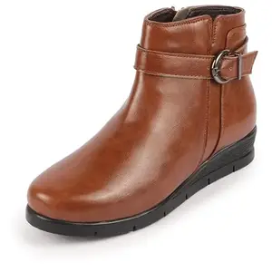 FAUSTO FST KI-919 TAN-39 Women's Tan High Ankle Broad Feet Side Zipper Closure Casual Buckle Boots (6 UK)