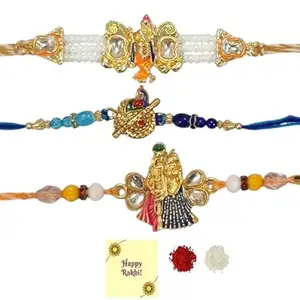 Avanti Creations Rakhi Set of 3 for Brother Radhe Krishna Peacock Rakhi Combo Set for Bhaiya Kids Boy For Rakshabandhan