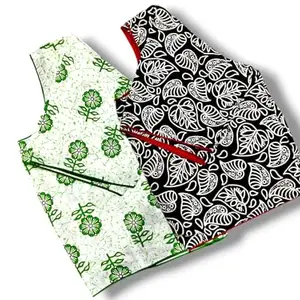 Women’s Ethnic Blouse | Pure Cotton | Princess Cut | Floral Design | Daily Use | Round Neck | Short Sleeves (Green & BLK PATA, 36)