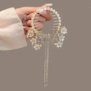 FIABLE COLLECTION Pearl Studded Bow Fringe Hair Bun Claw Clips For Women & Girls | Women's Fancy Pearl Flower & Crystal Tassels Styling Accessories
