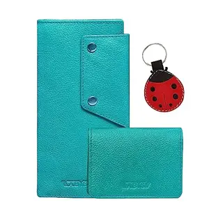 ABYS Genuine Leather Teal Card Holder with Women Wallet and Keyring Combo