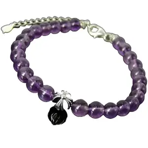 RRJEWELZ Natural Amethyst 8mm Round Shape Smooth Cut Gemstone Beads 7 Inch Adjustable Silver Plated Clasp Bracelet With Fancy Charm For Men, Women. Natural Gemstone Link Bracelet. | Lcbr_00353