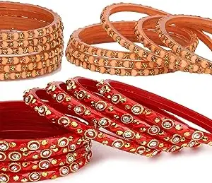 Somil Combo Of Designer Party & Wedding Colorful Glass Kada/Bangle Pcak Of 24, Peach,Red