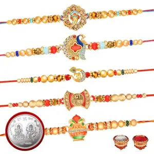 De Marquis 5 Designer Rakhi Sets |1 Laxmi-Ganesh Pooja Coin | PC-0323 Pearl, Kundan, Mauli Thread Rakhee for Brother | Roli-Chawal | Best Wishes Greeting Card (Pack of 5 Rakhees)