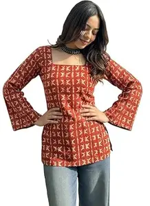 ANNI Designer Women’s Viscose Blend Printed Short Kurti | Straight Fit Casual Ethnic Top | Square Neck 3/4 Sleeve Kurta Office College