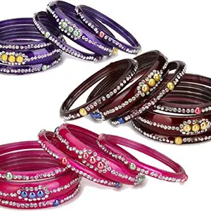 Glass Bangle Cum Kada Ornamented With Colorful Chips Set Of Three Matching And Trendy Color(Six Piece Each Color)-co34 (ComboB-H.b_bang)