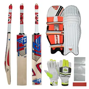 BHAJJI KASHMIRI WILLOW CRICKET BAT T20 5.0 , BHAJJI BATTING GLOVES 505 MENS AND BATTING PAD 606 AND BAT CARE KIT INCLUDING FIBRE TAPE ALONG WITH TOE GUARD