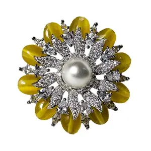 Ikaa Jewellery Tisya Yellow Ring, Floral Design with American Diamonds, Pearl Centre, Adjustable