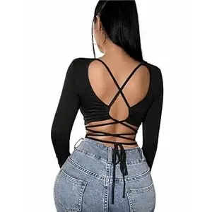 TRENDZ BY CHANDAN Trendz Women's Slim Fit Solid Criss Cross Tied Backless Crop Top | Long Sleeve Casual Wear Dori Top for Women