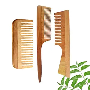 DAUMI Ayurvedic Neem Wood Anti Dandruff Hair Comb (pack of 3) Anti-Bacterial, Natural & Eco-Friendly | Hair Styling Comb with Fine & Wide Teeth Comb | Made in India For Both Men & Women