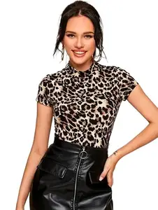 Dream Beauty Fashion Womens Casual Polyester Blend High Neck and Short Sleeves Stylish Printed Top (23" Inches) Multicolour- Tee-Tripta Tiger-L