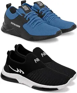 WORLD WEAR FOOTWEAR Soft Comfortable and Breathable Canvas Lace-Ups Sports Running Shoes for Men (Blue and Black, 6) (S13142)