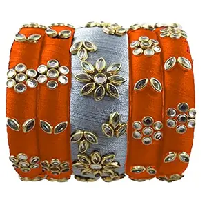 pratthipati's Silk Thread Bangles Stones Chuda Bangle Set (White-Orange) (Size-2/4)
