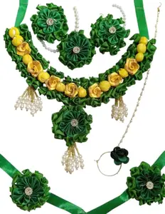 Handcrafted Floral Jewellery Set, Green and Yellow Fabric Flowers with Pearl Tassels, Wedding Necklace and Earrings
