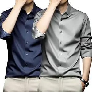 DEELMO Combo of Men's Stylish Solid Satin Casual Shirt for Men Full Sleeves| Poly Satin Silk Shirt Pack of 2