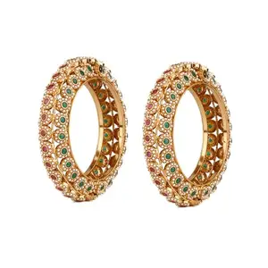 VIVINIA by Vidhi Mehra Gold Plated Red & Green Onyx Stone with Pearl Kada Bangles, Set of 2 (2.6)