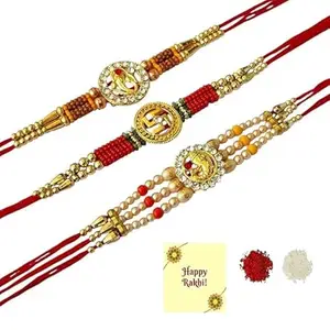 Avanti Creations Ganesh Ji OM Swastik Designer Rakhi for Brother Sister Raksha Bandhan Gift Band Bracelet Stone Moli for Brother Bhaiya Bhai Roli Tilak Pack Greetings Card Set Of 3