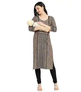 True Shape Maternity Dress Kurta for Women | Straight Feeding Kurti with Concealed Nursing Zip for Pre & Post Pregnancy in Cotton Rayon Blend (TSA-324-S-Cloud Grey)