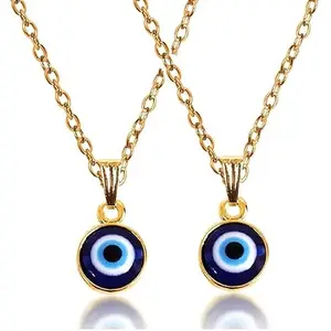 De-Ultimate (Pack Of 2 Pcs) Golden Valentine's Day Special Stainless Steel I Love You Round Blue Stone Moti Bead Evil Eye Nazar Suraksha Kavach Locket Pendant Charm Necklace With Clavicle Chain