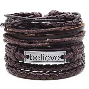University Trendz Stylish PU Leather Believe Engarved Handcrafted Charm Wrist Band Multi Strand Bracelet for Men and Boys (Set of 4)