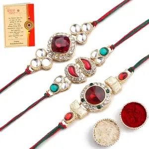SKYTRENDS Rakhi For Brother Gold Plated With Diamond Designer Rakhi Combo Pack of 3 with Greeting Card and Roli Chawal PK-02