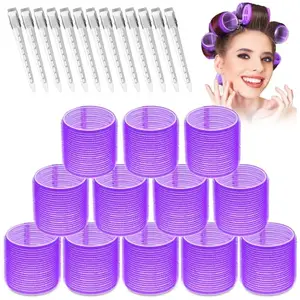 VIEWS Jumbo Rollers Hair Curlers 24 Pcs Set with 12Pcs Jumbo Large Hair Rollers and 12 Pcs Hair Clips for Long Medium Hair Volume (Purple)