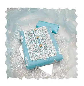 HMP Fashion Women Organza Silk fabric Muilty White Thread embroidery Work Unstitched Salwar Suit Dress Material With Border Work Dupatta Free Size (SKY BLUE)