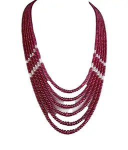 Fashion o mania Multi-Layered Ruby Red Beaded Necklace with Pearl Accents, 6-Strand Statement Jewellery