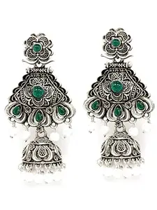 Karatcart Oxidised Silver Green Stone Studded Dangler Jhumki Earrings for Women