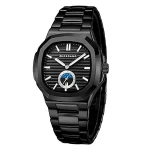 Visit the Giordano Store Giordano Analog Watch for Men – Classic Moon Phase Design with Textured Dial, Durable Stainless Steel Strap, and Date Display